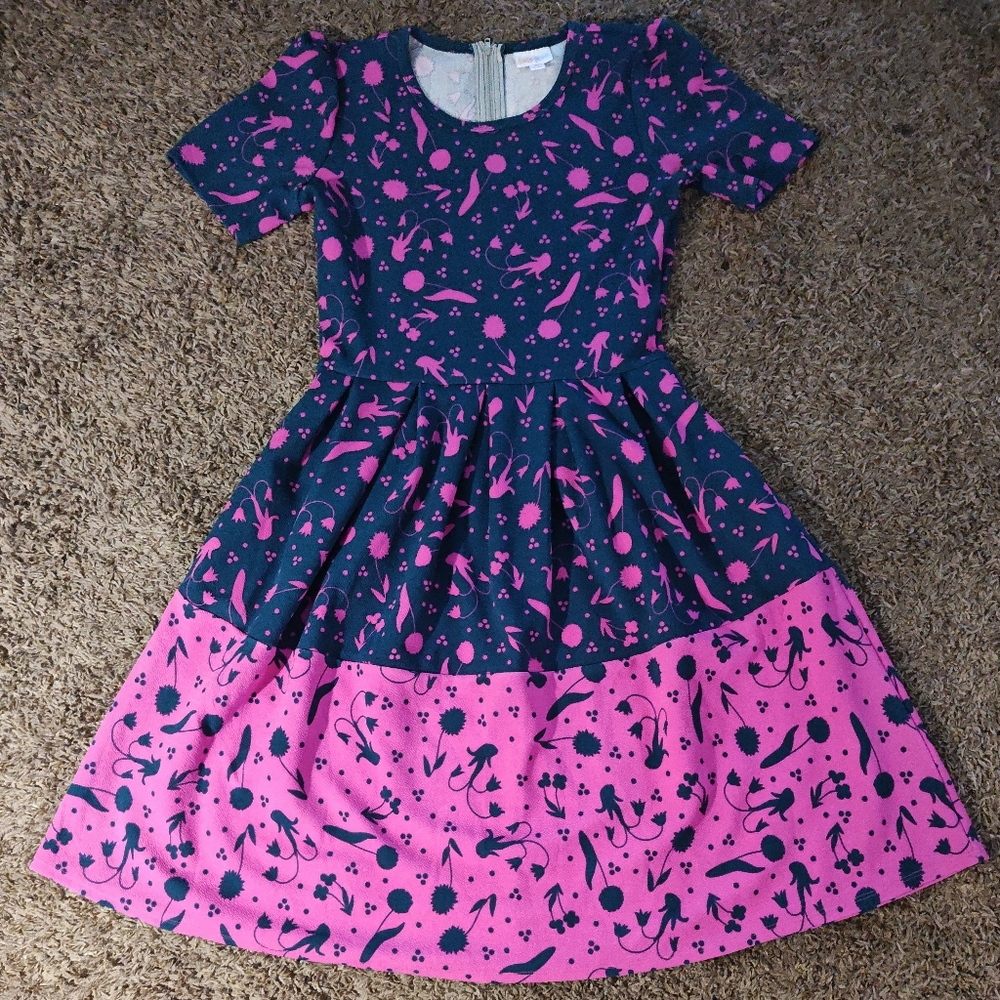 LulaRoe A-Line Fit & Flare Pleated Dress Pink/ Purple Knee Length Stretch